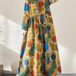 Pleated Polka-Dot Split-Joint A-Line Long Sleeves Round-Neck Maxi Dresses