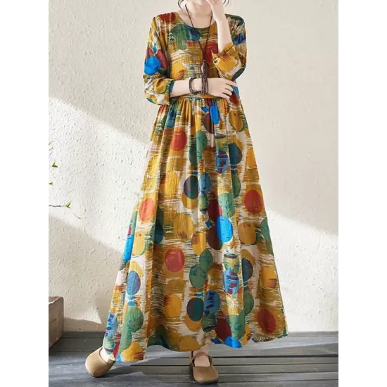 Pleated Polka-Dot Split-Joint A-Line Long Sleeves Round-Neck Maxi Dresses Pleated Polka-Dot Split-Joint A-Line Long Sleeves Round-Neck Maxi Dresses