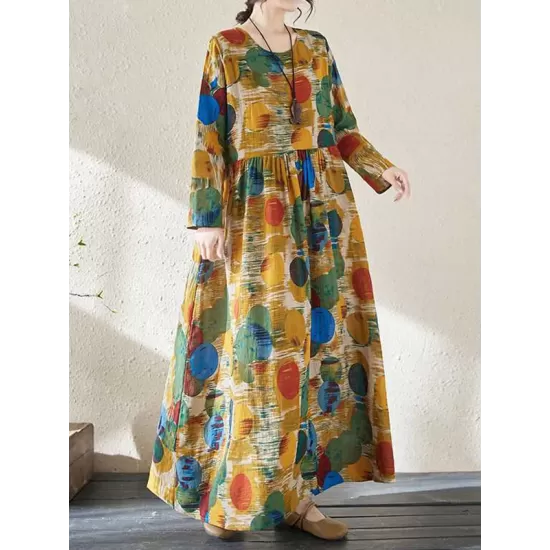 Pleated Polka-Dot Split-Joint A-Line Long Sleeves Round-Neck Maxi Dresses Pleated Polka-Dot Split-Joint A-Line Long Sleeves Round-Neck Maxi Dresses