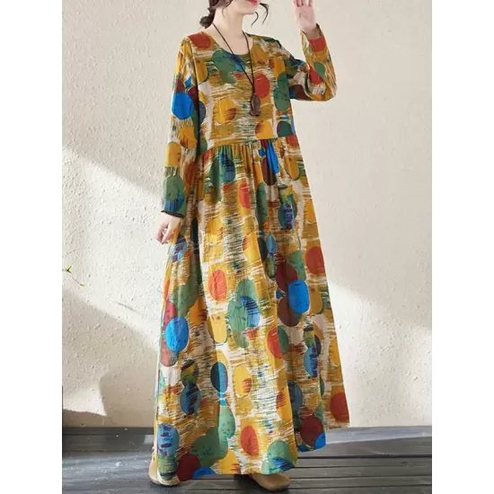 Pleated Polka-Dot Split-Joint A-Line Long Sleeves Round-Neck Maxi Dresses Pleated Polka-Dot Split-Joint A-Line Long Sleeves Round-Neck Maxi Dresses