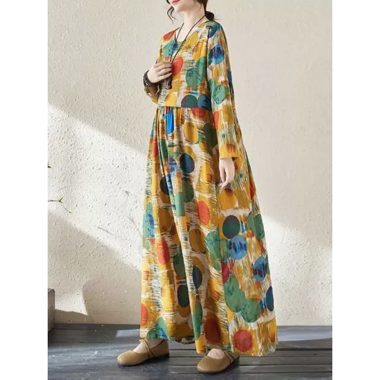 Pleated Polka-Dot Split-Joint A-Line Long Sleeves Round-Neck Maxi Dresses Pleated Polka-Dot Split-Joint A-Line Long Sleeves Round-Neck Maxi Dresses