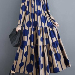 Buttoned Pleated Polka-Dot Split-Joint A-Line Long Sleeves Stand Collar Shirt Dress Maxi Dresses