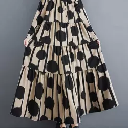 Buttoned Pleated Polka-Dot Split-Joint A-Line Long Sleeves Stand Collar Shirt Dress Maxi Dresses