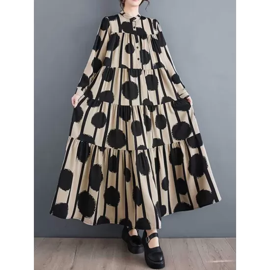 Buttoned Pleated Polka-Dot Split-Joint A-Line Long Sleeves Stand Collar Shirt Dress Maxi Dresses Buttoned Pleated Polka-Dot Split-Joint A-Line Long Sleeves Stand Collar Shirt Dress Maxi Dresses