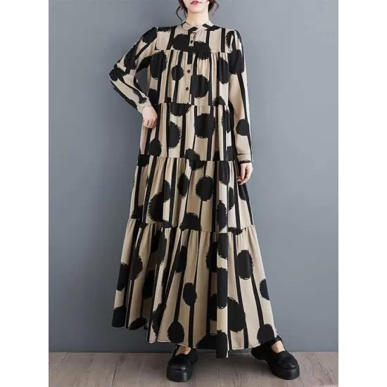 Buttoned Pleated Polka-Dot Split-Joint A-Line Long Sleeves Stand Collar Shirt Dress Maxi Dresses Buttoned Pleated Polka-Dot Split-Joint A-Line Long Sleeves Stand Collar Shirt Dress Maxi Dresses