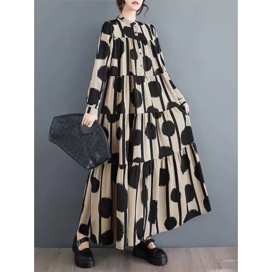Buttoned Pleated Polka-Dot Split-Joint A-Line Long Sleeves Stand Collar Shirt Dress Maxi Dresses Buttoned Pleated Polka-Dot Split-Joint A-Line Long Sleeves Stand Collar Shirt Dress Maxi Dresses