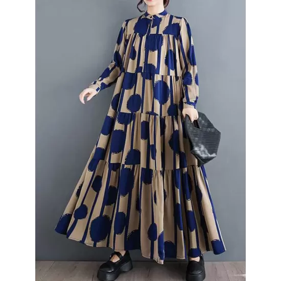 Buttoned Pleated Polka-Dot Split-Joint A-Line Long Sleeves Stand Collar Shirt Dress Maxi Dresses Buttoned Pleated Polka-Dot Split-Joint A-Line Long Sleeves Stand Collar Shirt Dress Maxi Dresses