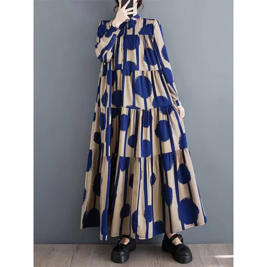 Buttoned Pleated Polka-Dot Split-Joint A-Line Long Sleeves Stand Collar Shirt Dress Maxi Dresses Buttoned Pleated Polka-Dot Split-Joint A-Line Long Sleeves Stand Collar Shirt Dress Maxi Dresses