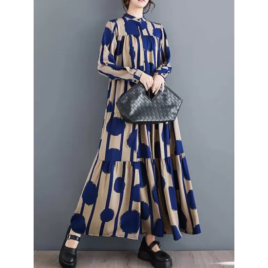 Buttoned Pleated Polka-Dot Split-Joint A-Line Long Sleeves Stand Collar Shirt Dress Maxi Dresses Buttoned Pleated Polka-Dot Split-Joint A-Line Long Sleeves Stand Collar Shirt Dress Maxi Dresses
