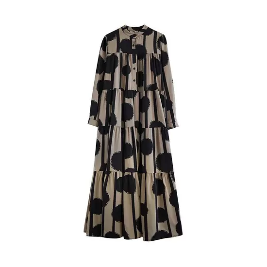 Buttoned Pleated Polka-Dot Split-Joint A-Line Long Sleeves Stand Collar Shirt Dress Maxi Dresses Buttoned Pleated Polka-Dot Split-Joint A-Line Long Sleeves Stand Collar Shirt Dress Maxi Dresses