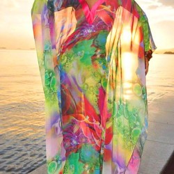 Batwing Sleeves Loose Printed See-Through Split-Joint V-Neck Cover-Ups Maxi Dresses