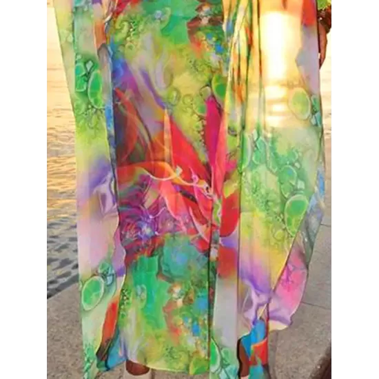 Batwing Sleeves Loose Printed See-Through Split-Joint V-Neck Cover-Ups Maxi Dresses Batwing Sleeves Loose Printed See-Through Split-Joint V-Neck Cover-Ups Maxi Dresses