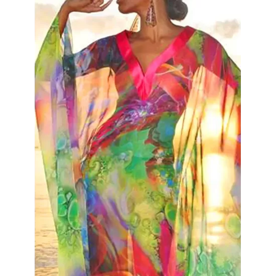 Batwing Sleeves Loose Printed See-Through Split-Joint V-Neck Cover-Ups Maxi Dresses Batwing Sleeves Loose Printed See-Through Split-Joint V-Neck Cover-Ups Maxi Dresses