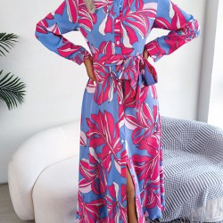 Printed Split-Joint Tied Waist Long Sleeves Loose Lapel Shirt Dress