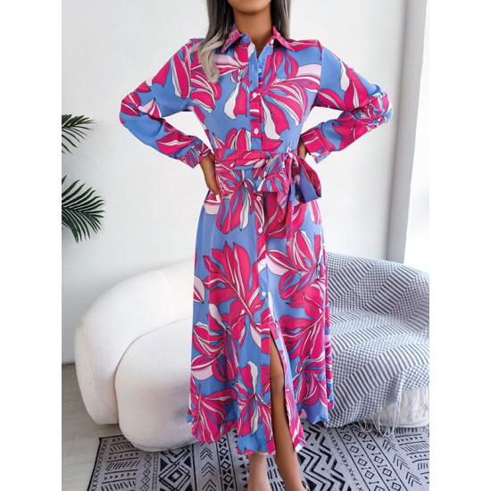 Printed Split-Joint Tied Waist Long Sleeves Loose Lapel Shirt Dress Printed Split-Joint Tied Waist Long Sleeves Loose Lapel Shirt Dress