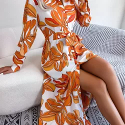 Printed Split-Joint Tied Waist Long Sleeves Loose Lapel Shirt Dress
