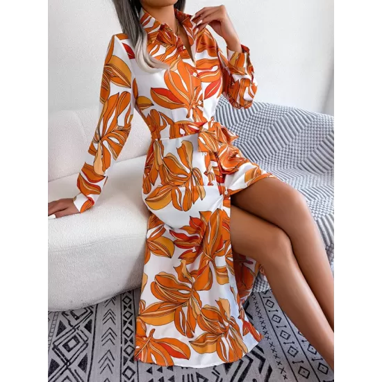 Printed Split-Joint Tied Waist Long Sleeves Loose Lapel Shirt Dress Printed Split-Joint Tied Waist Long Sleeves Loose Lapel Shirt Dress