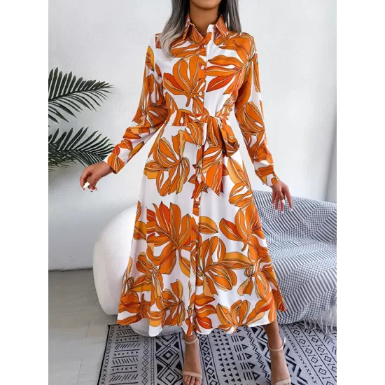 Printed Split-Joint Tied Waist Long Sleeves Loose Lapel Shirt Dress Printed Split-Joint Tied Waist Long Sleeves Loose Lapel Shirt Dress