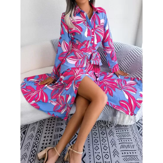 Printed Split-Joint Tied Waist Long Sleeves Loose Lapel Shirt Dress Printed Split-Joint Tied Waist Long Sleeves Loose Lapel Shirt Dress