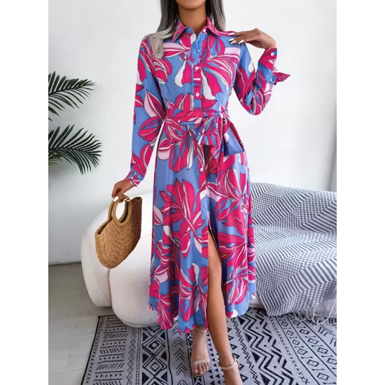 Printed Split-Joint Tied Waist Long Sleeves Loose Lapel Shirt Dress Printed Split-Joint Tied Waist Long Sleeves Loose Lapel Shirt Dress