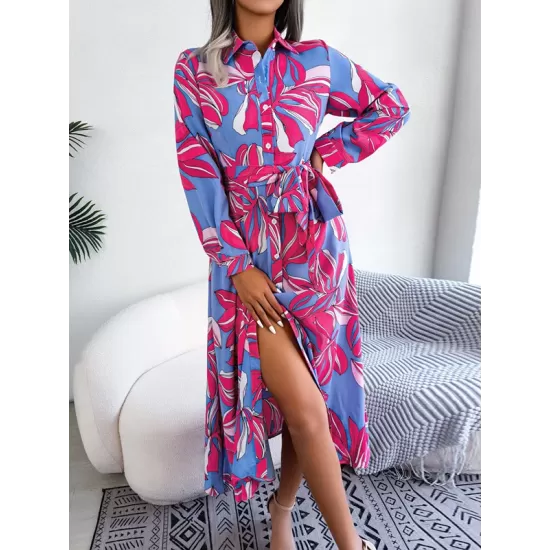 Printed Split-Joint Tied Waist Long Sleeves Loose Lapel Shirt Dress Printed Split-Joint Tied Waist Long Sleeves Loose Lapel Shirt Dress