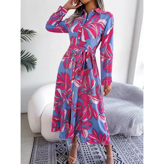Printed Split-Joint Tied Waist Long Sleeves Loose Lapel Shirt Dress Printed Split-Joint Tied Waist Long Sleeves Loose Lapel Shirt Dress
