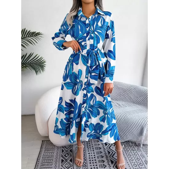 Printed Split-Joint Tied Waist Long Sleeves Loose Lapel Shirt Dress Printed Split-Joint Tied Waist Long Sleeves Loose Lapel Shirt Dress