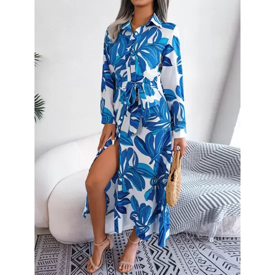 Printed Split-Joint Tied Waist Long Sleeves Loose Lapel Shirt Dress Printed Split-Joint Tied Waist Long Sleeves Loose Lapel Shirt Dress