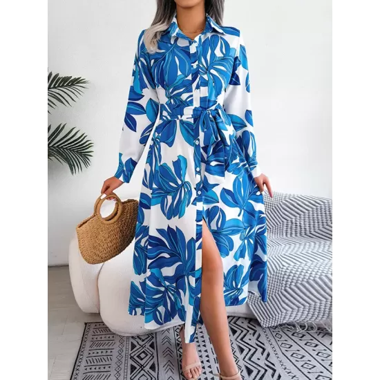 Printed Split-Joint Tied Waist Long Sleeves Loose Lapel Shirt Dress Printed Split-Joint Tied Waist Long Sleeves Loose Lapel Shirt Dress