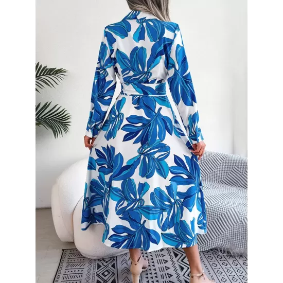 Printed Split-Joint Tied Waist Long Sleeves Loose Lapel Shirt Dress Printed Split-Joint Tied Waist Long Sleeves Loose Lapel Shirt Dress