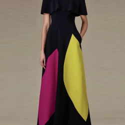 Loose Short Sleeves Contrast Color Stand Collar Maxi Dresses