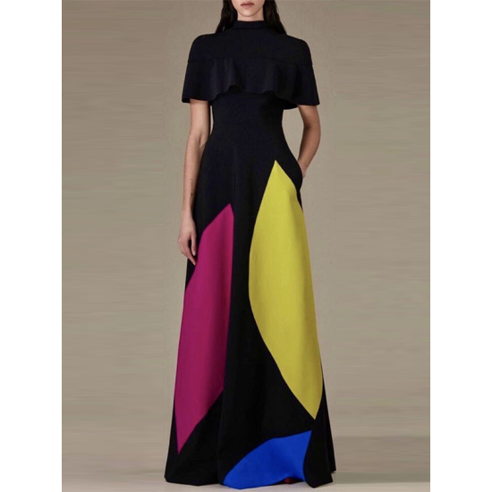 Loose Short Sleeves Contrast Color Stand Collar Maxi Dresses Loose Short Sleeves Contrast Color Stand Collar Maxi Dresses