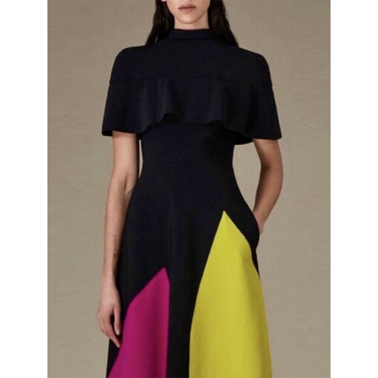 Loose Short Sleeves Contrast Color Stand Collar Maxi Dresses Loose Short Sleeves Contrast Color Stand Collar Maxi Dresses