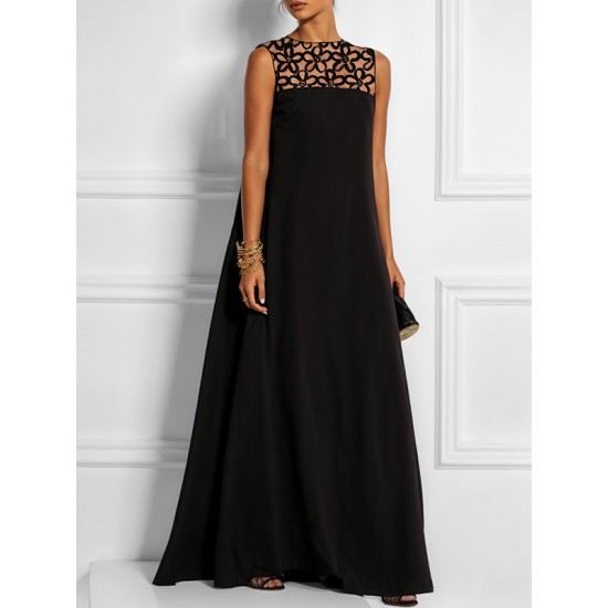 Loose Sleeveless Hollow Solid Color Split-Joint Round-Neck Maxi Dresses Loose Sleeveless Hollow Solid Color Split-Joint Round-Neck Maxi Dresses