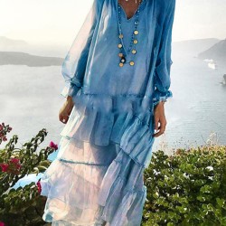 Solid Color Split-Joint High Waisted Long Sleeves Elasticity Mesh Ruffled V-Neck Inner Dress +Outer Maxi Dresses Two Pieces Set