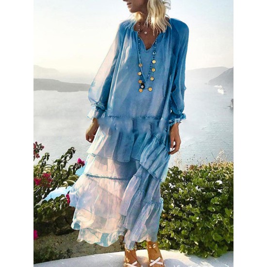 Solid Color Split-Joint High Waisted Long Sleeves Elasticity Mesh Ruffled V-Neck Inner Dress +Outer Maxi Dresses Two Pieces Set Solid Color Split-Joint High Waisted Long Sleeves Elasticity Mesh Ruffled V-Neck Inner Dress +Outer Maxi Dresses Two Pieces Set