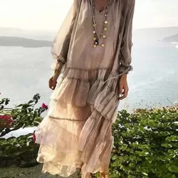 Solid Color Split-Joint High Waisted Long Sleeves Elasticity Mesh Ruffled V-Neck Inner Dress +Outer Maxi Dresses Two Pieces Set