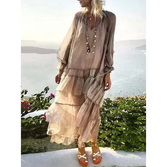 Solid Color Split-Joint High Waisted Long Sleeves Elasticity Mesh Ruffled V-Neck Inner Dress +Outer Maxi Dresses Two Pieces Set Solid Color Split-Joint High Waisted Long Sleeves Elasticity Mesh Ruffled V-Neck Inner Dress +Outer Maxi Dresses Two Pieces Set