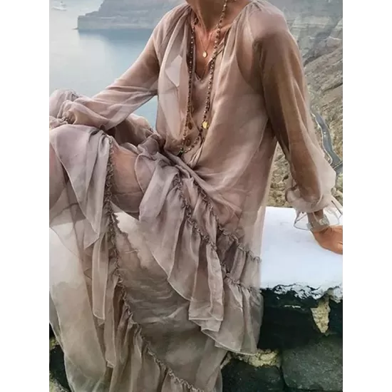 Solid Color Split-Joint High Waisted Long Sleeves Elasticity Mesh Ruffled V-Neck Inner Dress +Outer Maxi Dresses Two Pieces Set Solid Color Split-Joint High Waisted Long Sleeves Elasticity Mesh Ruffled V-Neck Inner Dress +Outer Maxi Dresses Two Pieces Set