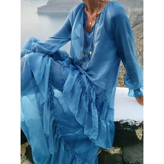 Solid Color Split-Joint High Waisted Long Sleeves Elasticity Mesh Ruffled V-Neck Inner Dress +Outer Maxi Dresses Two Pieces Set Solid Color Split-Joint High Waisted Long Sleeves Elasticity Mesh Ruffled V-Neck Inner Dress +Outer Maxi Dresses Two Pieces Set