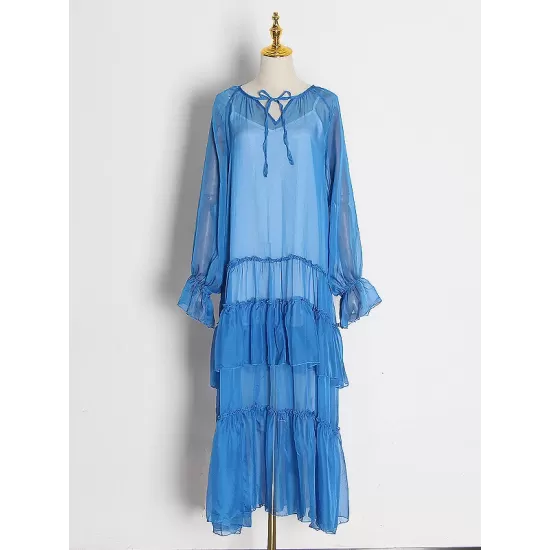 Solid Color Split-Joint High Waisted Long Sleeves Elasticity Mesh Ruffled V-Neck Inner Dress +Outer Maxi Dresses Two Pieces Set Solid Color Split-Joint High Waisted Long Sleeves Elasticity Mesh Ruffled V-Neck Inner Dress +Outer Maxi Dresses Two Pieces Set