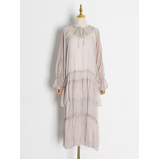 Solid Color Split-Joint High Waisted Long Sleeves Elasticity Mesh Ruffled V-Neck Inner Dress +Outer Maxi Dresses Two Pieces Set Solid Color Split-Joint High Waisted Long Sleeves Elasticity Mesh Ruffled V-Neck Inner Dress +Outer Maxi Dresses Two Pieces Set
