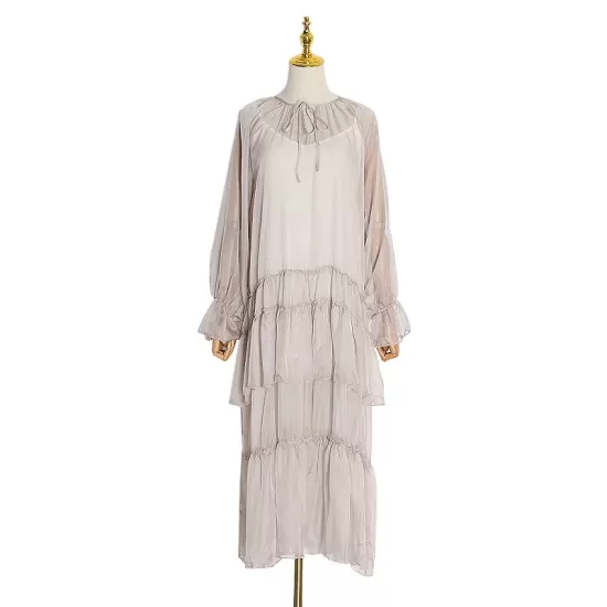 Solid Color Split-Joint High Waisted Long Sleeves Elasticity Mesh Ruffled V-Neck Inner Dress +Outer Maxi Dresses Two Pieces Set Solid Color Split-Joint High Waisted Long Sleeves Elasticity Mesh Ruffled V-Neck Inner Dress +Outer Maxi Dresses Two Pieces Set