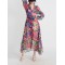 Buttoned Printed Split-Joint High Waisted Long Sleeves V-Neck Midi Dresses