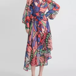 Buttoned Printed Split-Joint High Waisted Long Sleeves V-Neck Midi Dresses