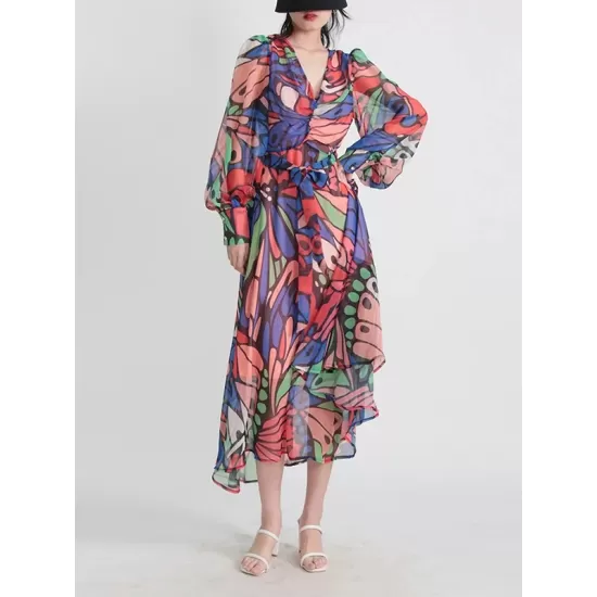 Buttoned Printed Split-Joint High Waisted Long Sleeves V-Neck Midi Dresses Buttoned Printed Split-Joint High Waisted Long Sleeves V-Neck Midi Dresses