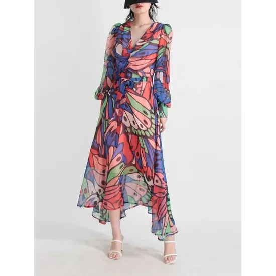 Buttoned Printed Split-Joint High Waisted Long Sleeves V-Neck Midi Dresses Buttoned Printed Split-Joint High Waisted Long Sleeves V-Neck Midi Dresses