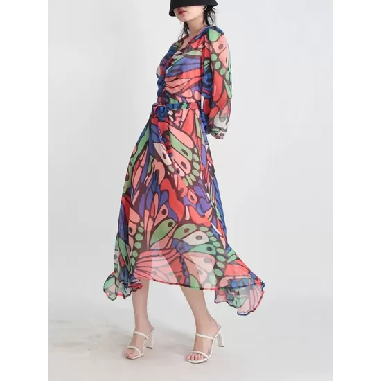 Buttoned Printed Split-Joint High Waisted Long Sleeves V-Neck Midi Dresses Buttoned Printed Split-Joint High Waisted Long Sleeves V-Neck Midi Dresses