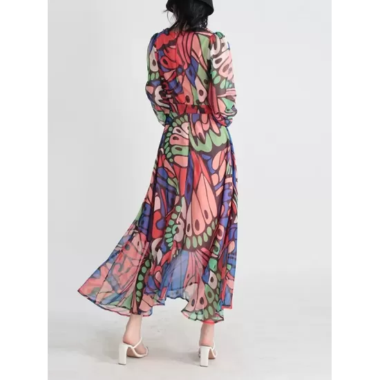 Buttoned Printed Split-Joint High Waisted Long Sleeves V-Neck Midi Dresses Buttoned Printed Split-Joint High Waisted Long Sleeves V-Neck Midi Dresses