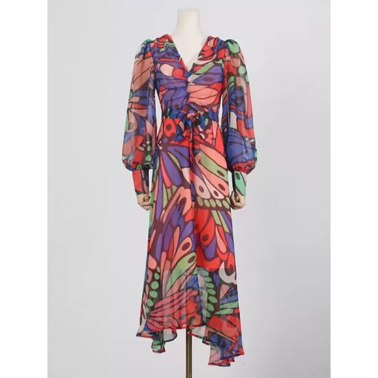 Buttoned Printed Split-Joint High Waisted Long Sleeves V-Neck Midi Dresses Buttoned Printed Split-Joint High Waisted Long Sleeves V-Neck Midi Dresses